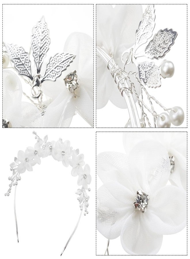 Capiant Tulle Flower Headband, Princess Pearl Hair Accessories, White Floral Wreath Hair Accessory for Birthday Party, Wedding Headbands - Image 3